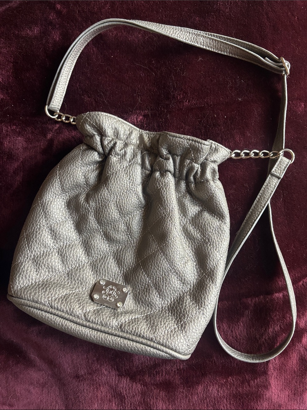 Jessica Simpson Silver Pebbled Drawstring Crossbody Bag